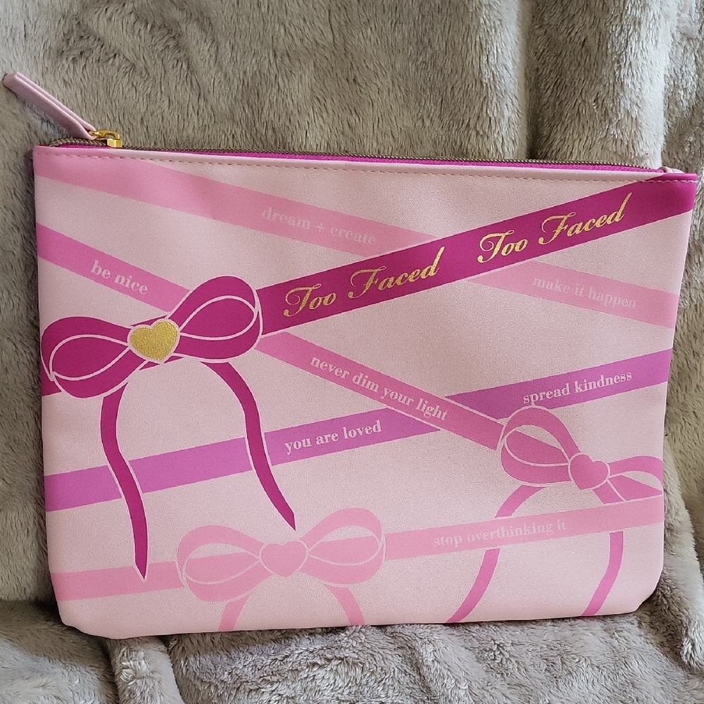 Too Faced Pink and Gold Bow Pouch